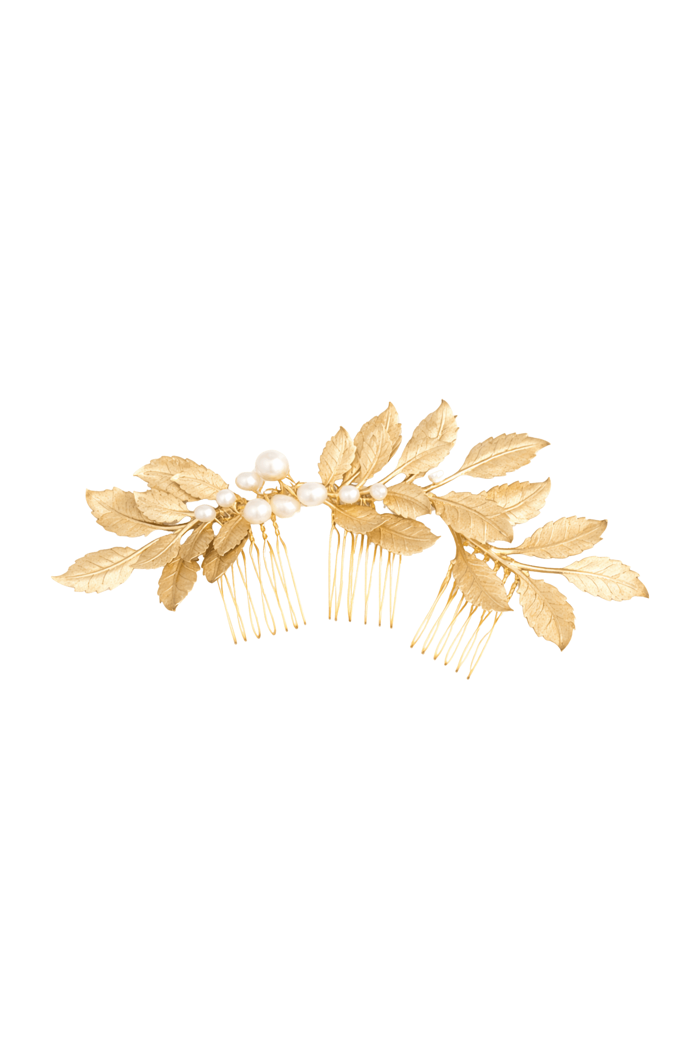A long gold leafed bridal hair comb with freshwater pearls and three combs. Affordable bridal accessories & pearl bridal hair accessories handmade in Canada by Wedding jewelry designer