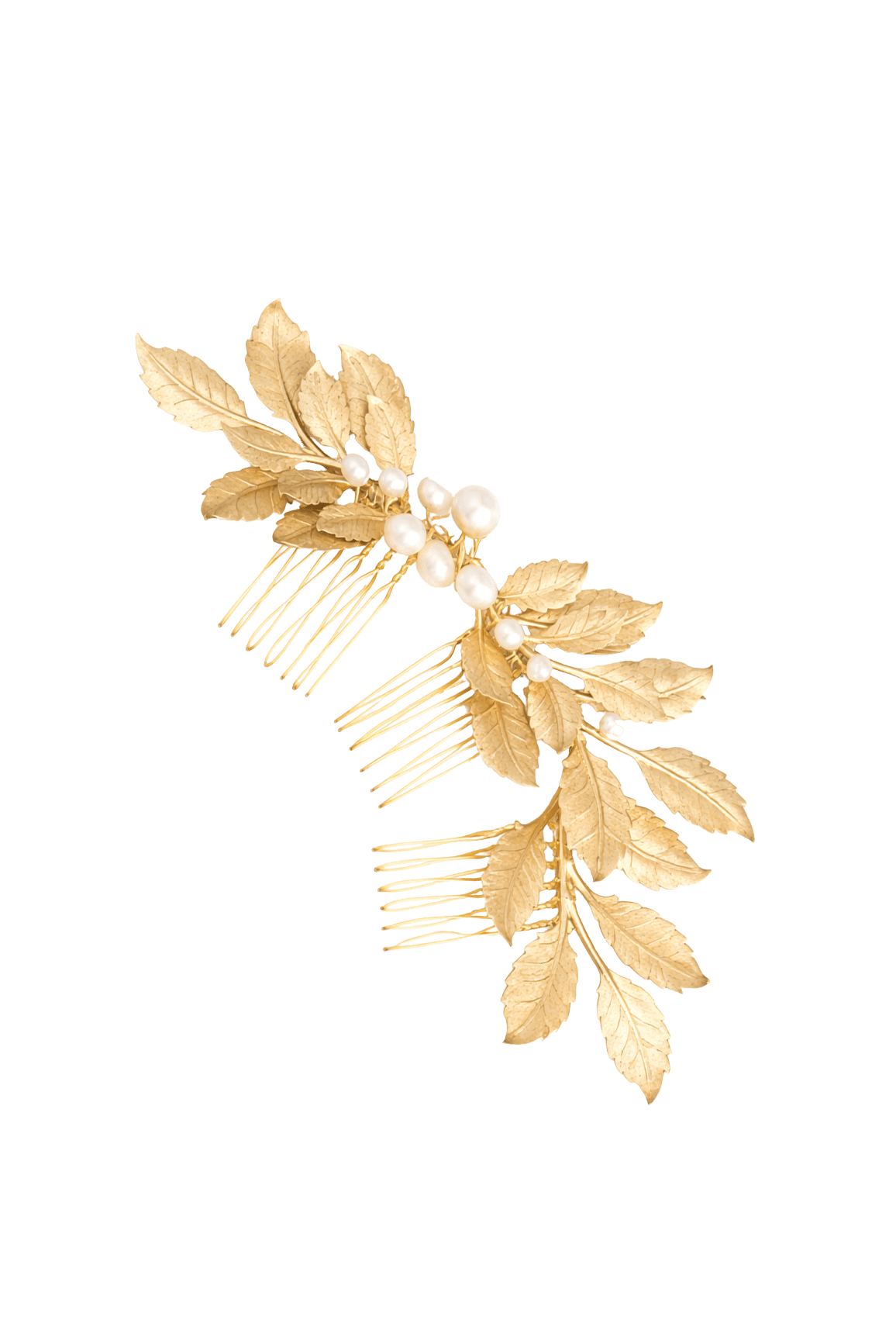 A long gold leaf bridal hair comb with freshwater pearls and three combs. Handmade bridal accessories & bridal hair accessories by Canadian bridal designer