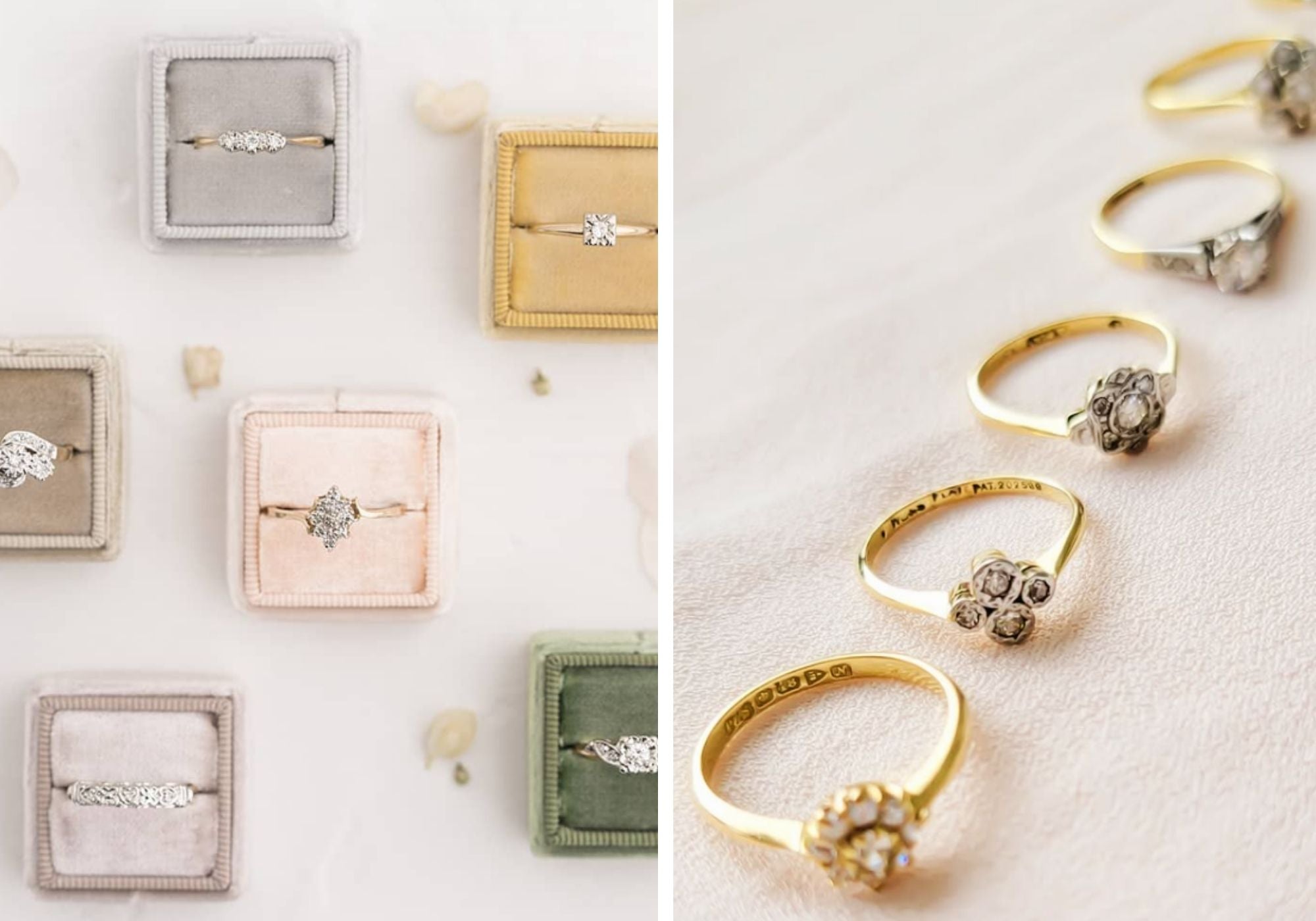 A collage of two pictures with multiple gold and diamond vintage engagement rings; some in velvet ring boxes and all on neutral background
