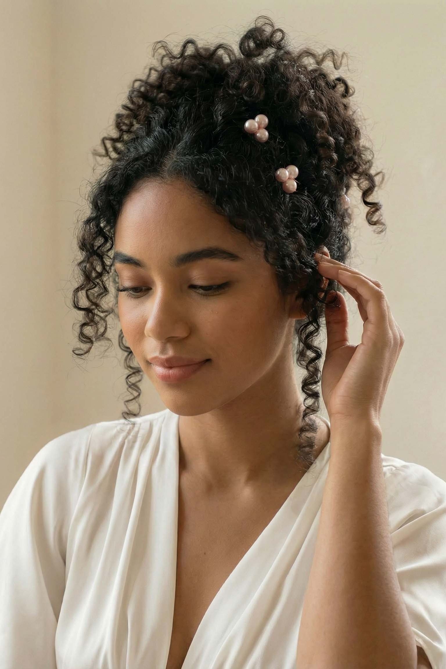 A BIPOC bride with natural curly hair wearing a white satin dress with gold pearl bridal hairpins tucked into her hair. Handmade bridal accessories & bridal hair accessories by Canadian BIPOC jewelry designer