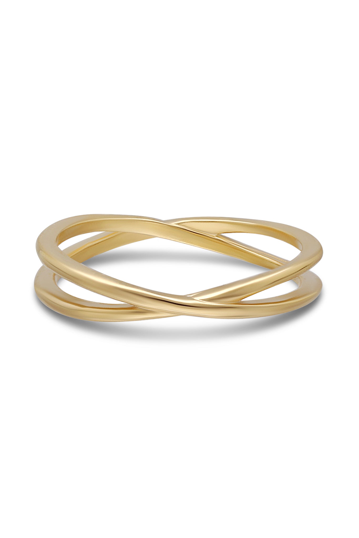 18k Gold-filled ring with overlapping double band on white background. Gold-filled jewelry Canada. Canadian handmade jewelry.