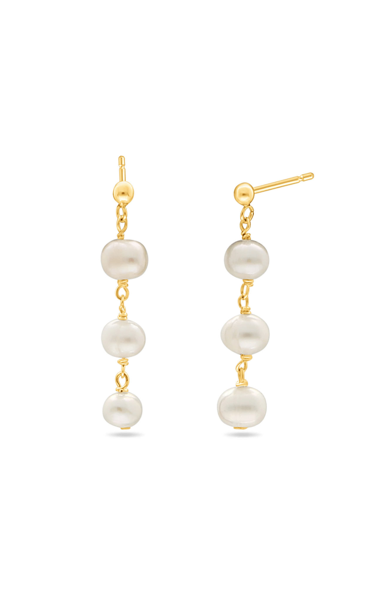 Gold filled freshwater pearl dangle earrings on white background. Pearl bridal earrings, freshwater pearl earrings, & bridal jewelry handmade by Canadian BIPOC bridal designer