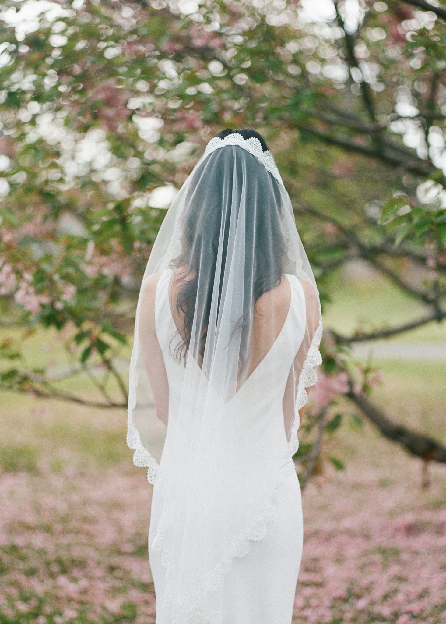 A bride with her back turned has sheer white lace veil draped over the back of her head. 