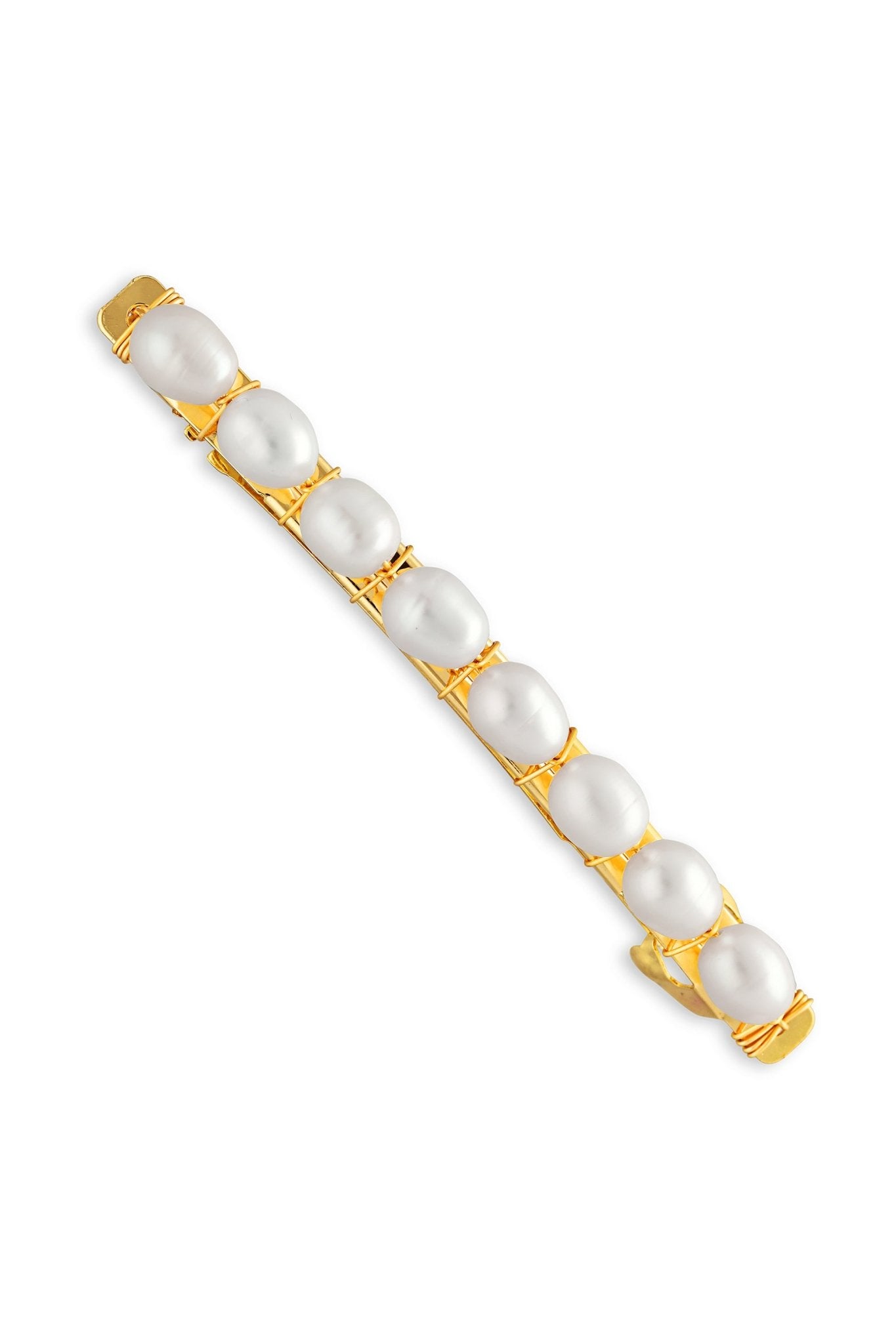 Gold bridal hair barrette with freshwater pearls. 