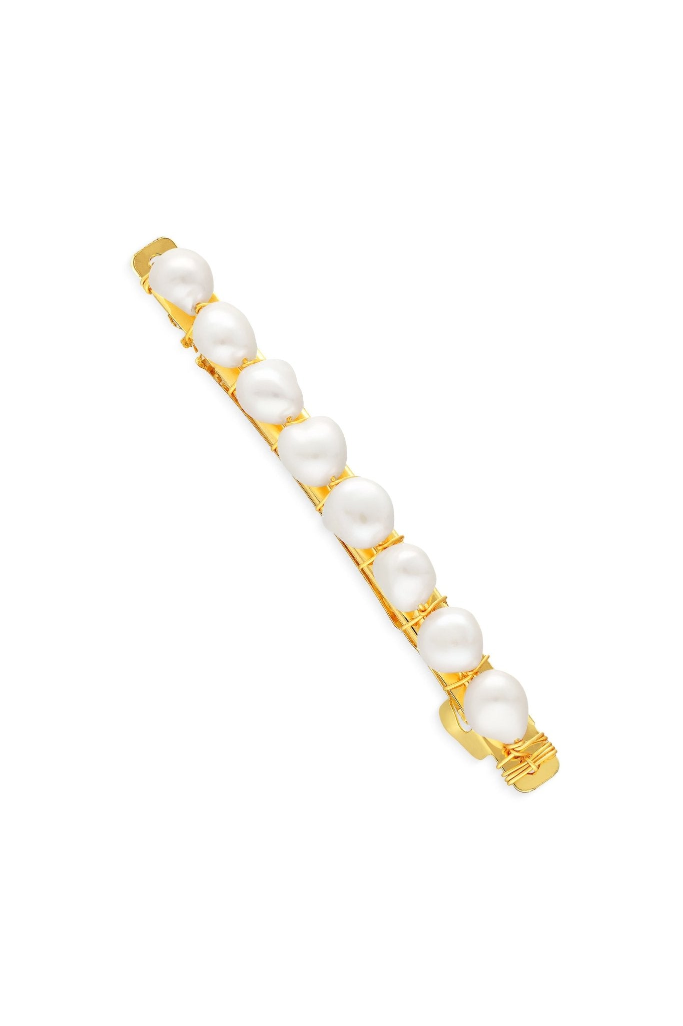 Golden hair barrette with multiple freshwater wire-wrapped pearls. 