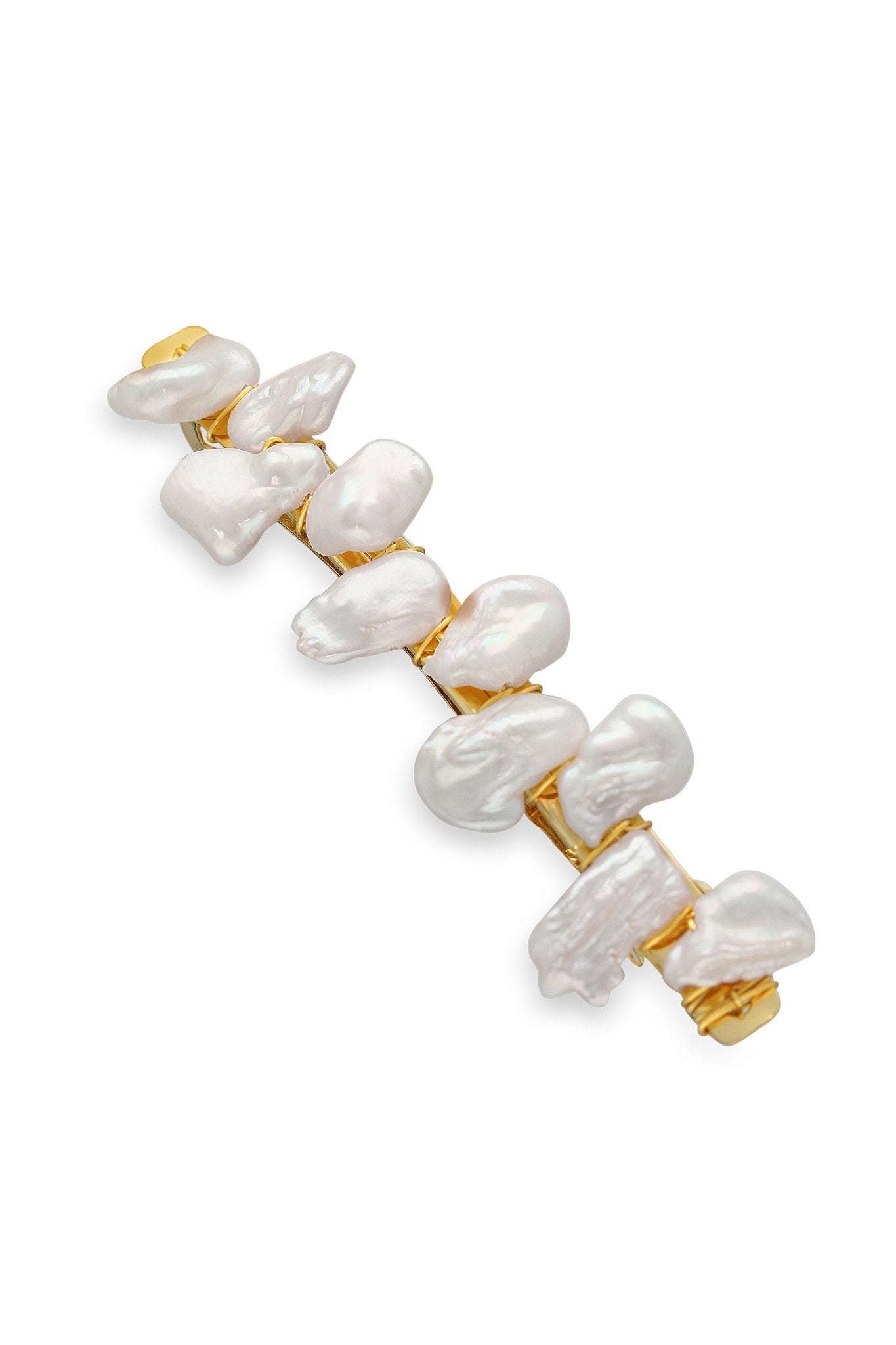 Gold barrette with multiple freshwater pearls for brides. 