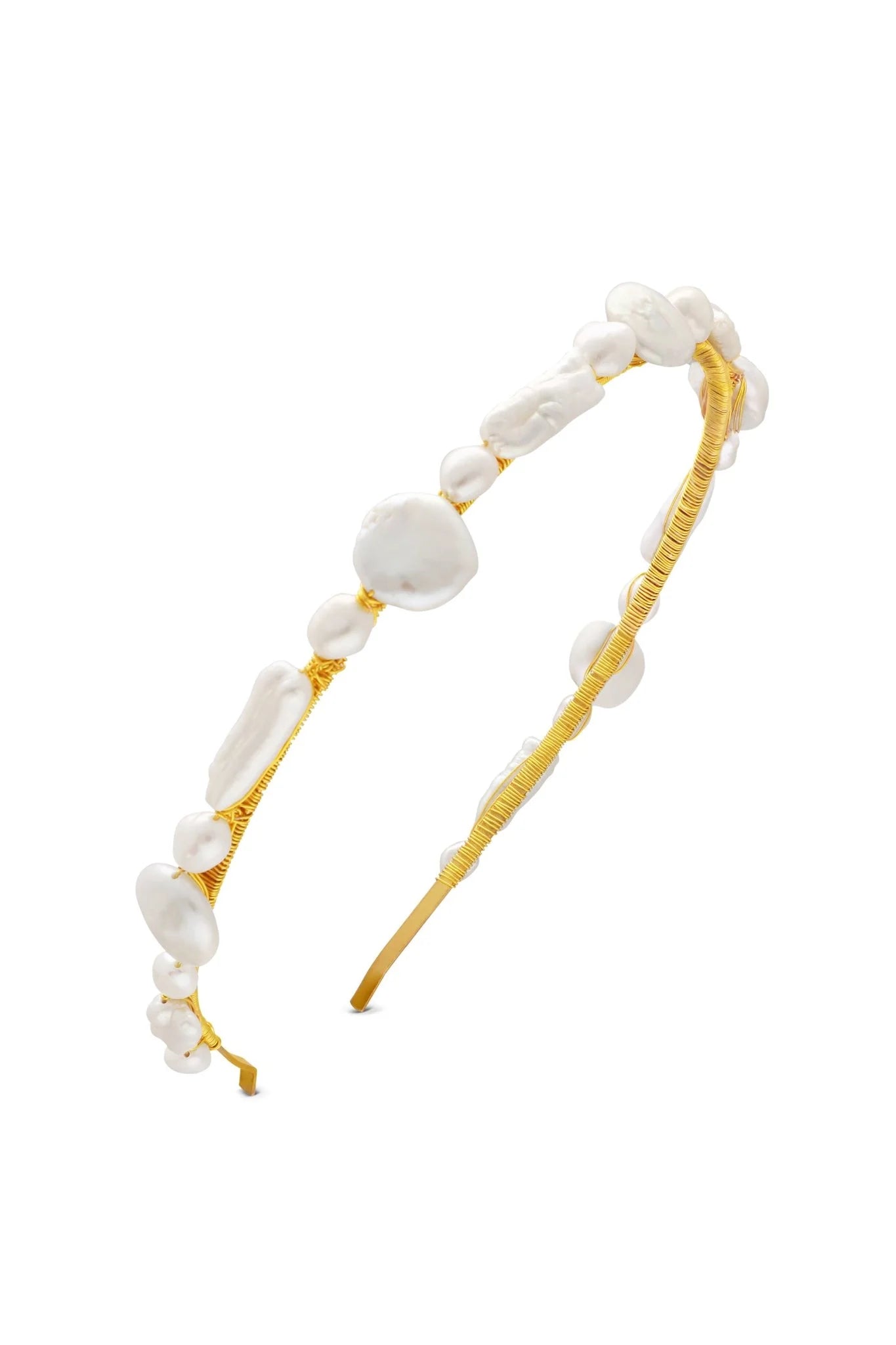 A golden bridal headband with various shaped freshwater pearls hand-wrapped with wire on a white background. Pearl Bridal Hair Accessories & bridal accessories Canada