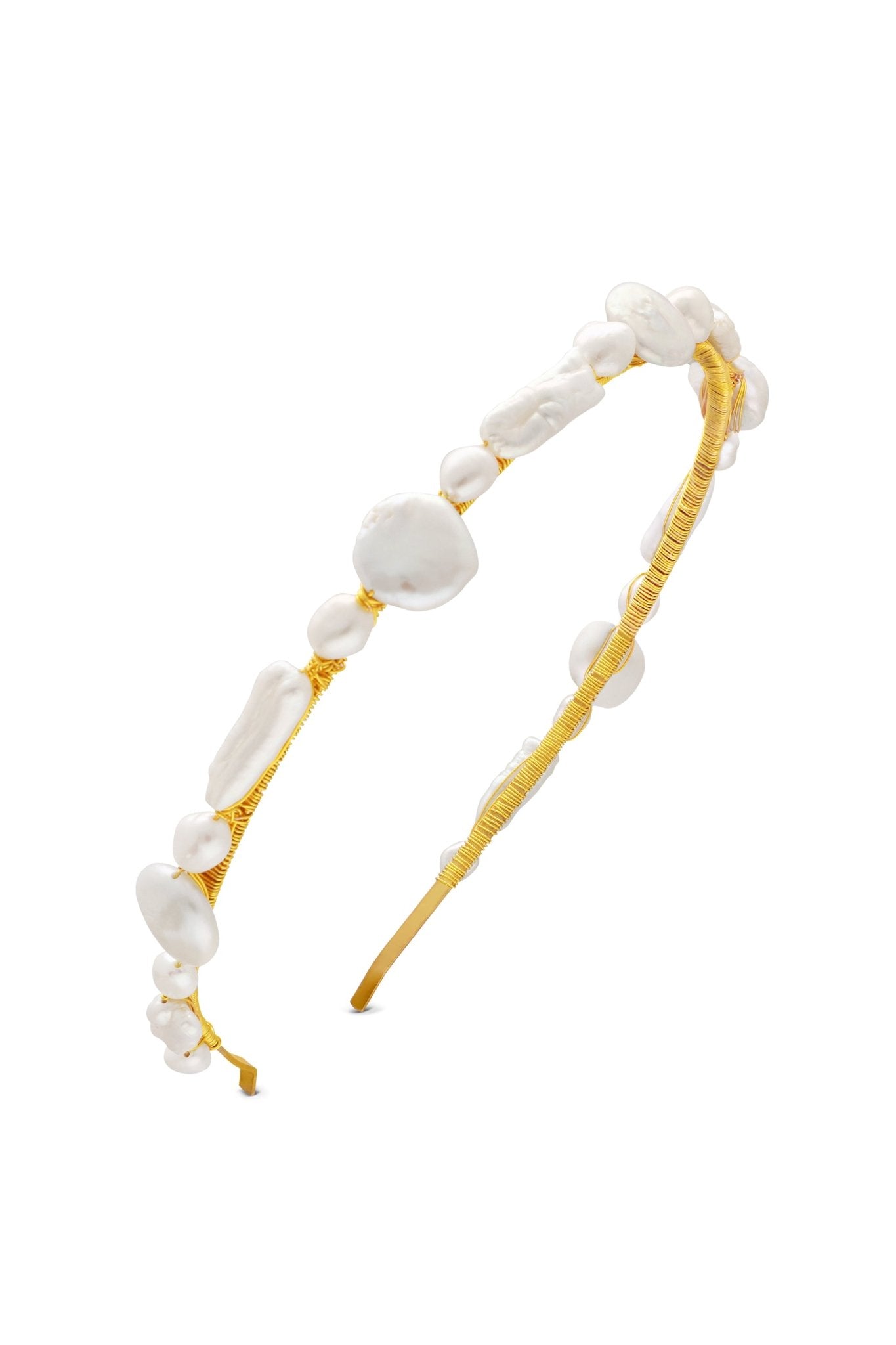 A golden headband displays multiple types of freshwater pearls hand-wrapped with wire. 