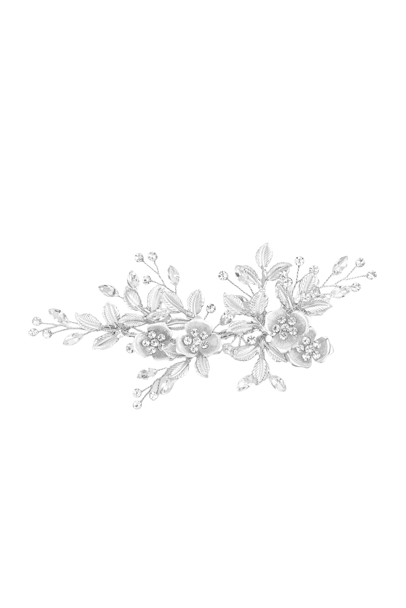 Decorative floral bridal hairpiece with  crystals and intricate leaf details. Silver bridal jewelry, Silver bridal accessories, & bridal hair accessories Canada