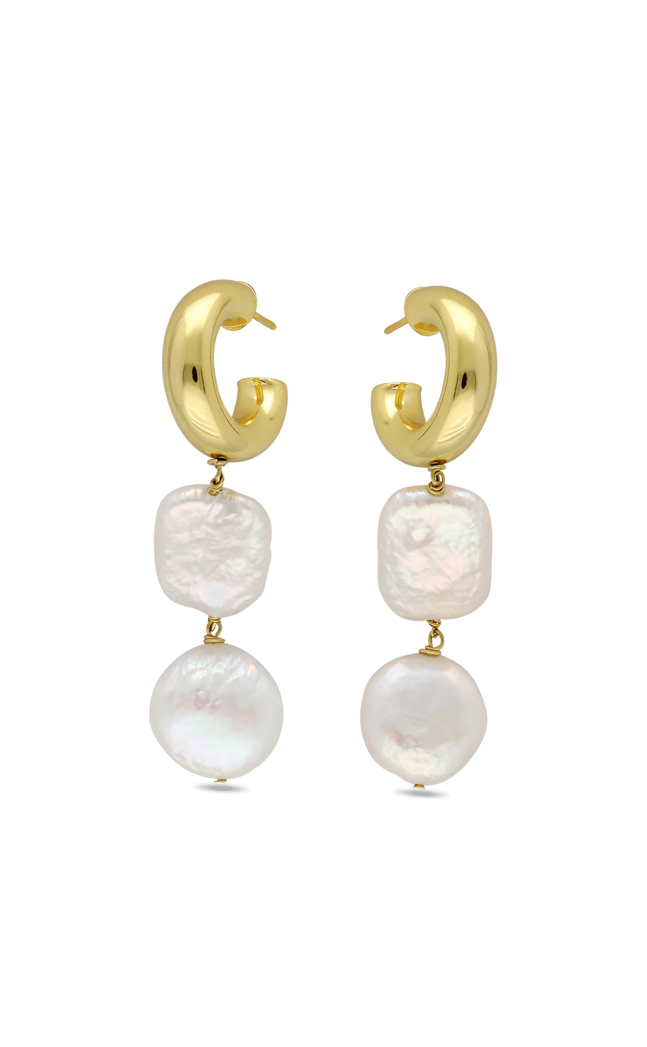 A pair of gold filled fresh water pearl statement hoops.