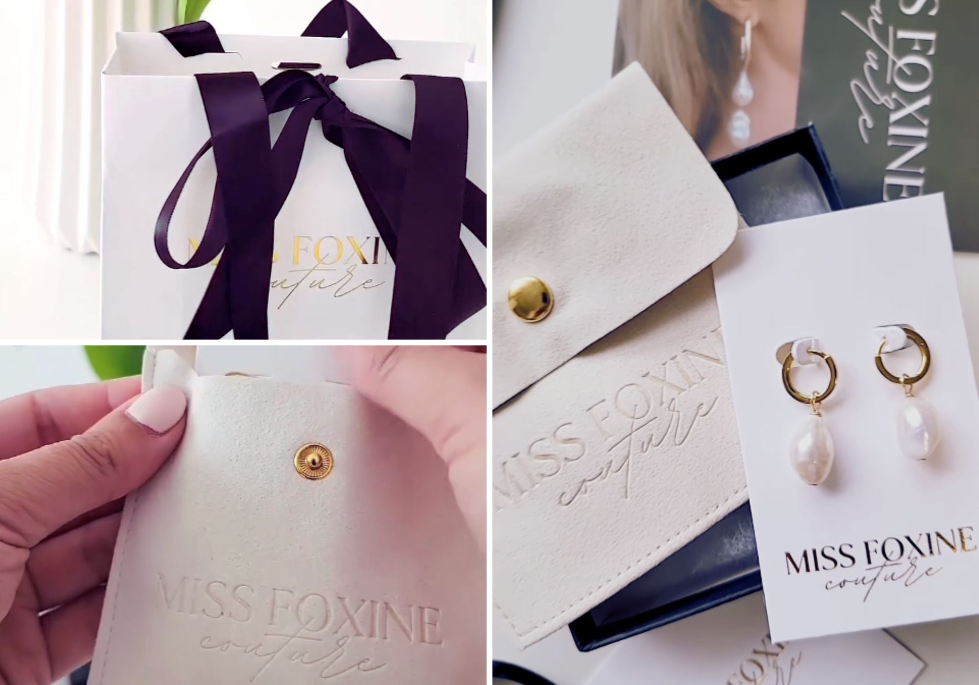 A three photo collage of packaging for Miss Foxine Couture jewelry brand including jewelry pouches, bag, and gold freshwater pearl bridal earrings.