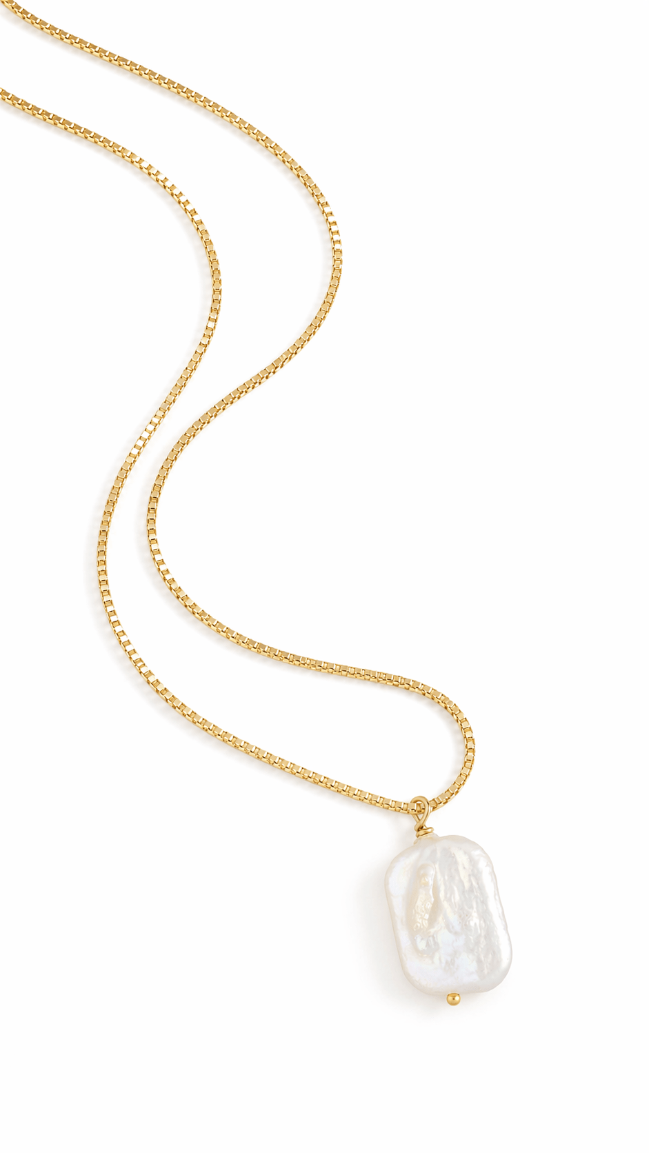 A 14k Gold Filled rectangular freshwater pearl necklace on a white background. Gold-filled Canadian jewelry, Organic pearl jewelry, & pearl jewelry Canada