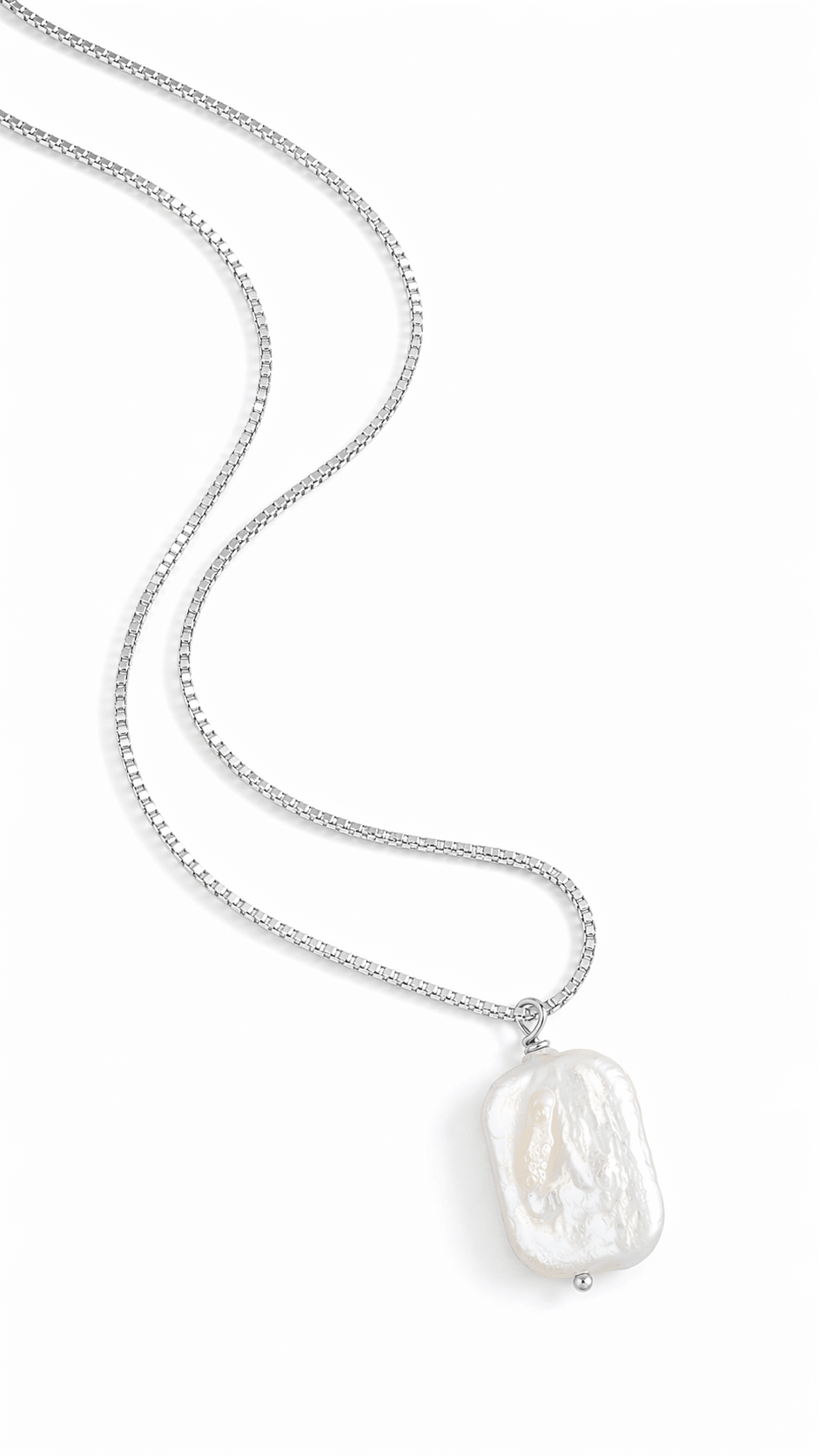 Sterling Silver box chain necklace with rectangular freshwater pearl on a white background. Freshwater pearl necklace, Canadian pearl jewelry, & handmade pearl jewelry Canada
