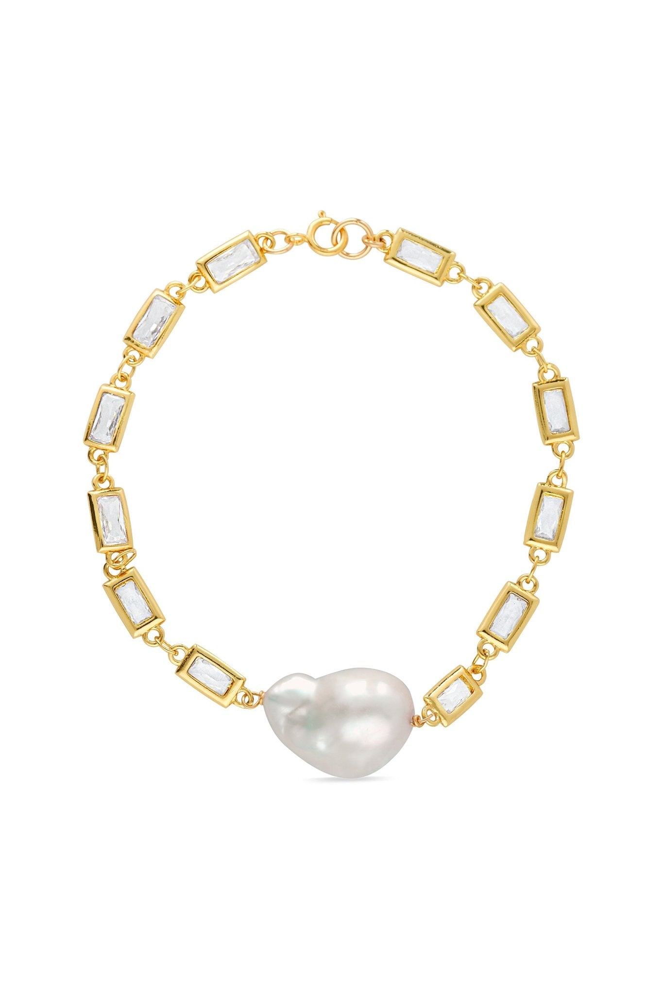 14k gold-filled crystal link bracelet with large freshwater baroque pearl. 