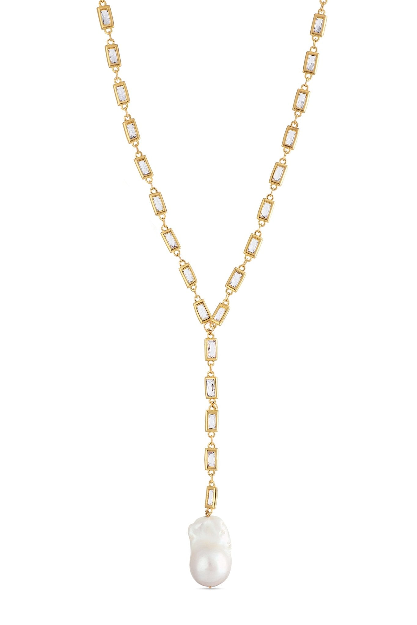 The Muse Larait 14k Gold-filled crystal link drop necklace with baroque freshwater pearl.