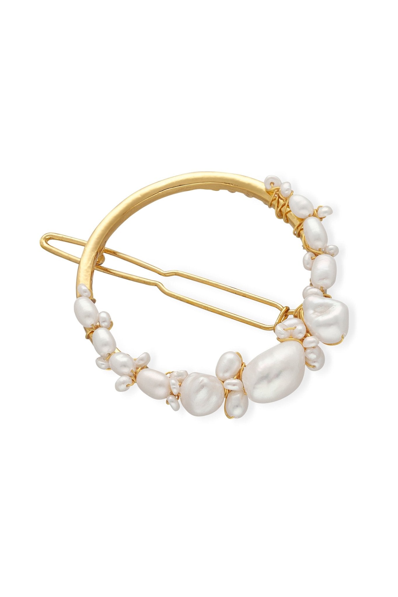 Gold-filled circle barrette with multiple sized organic fresh water pearls.