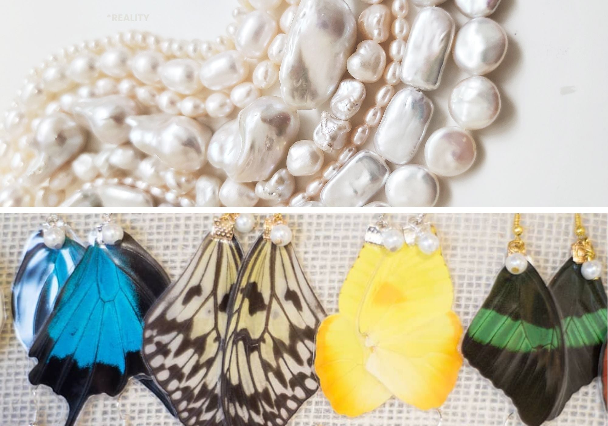 A two photo collage with multiple freshwater pearls and several butterfly wing earrings.