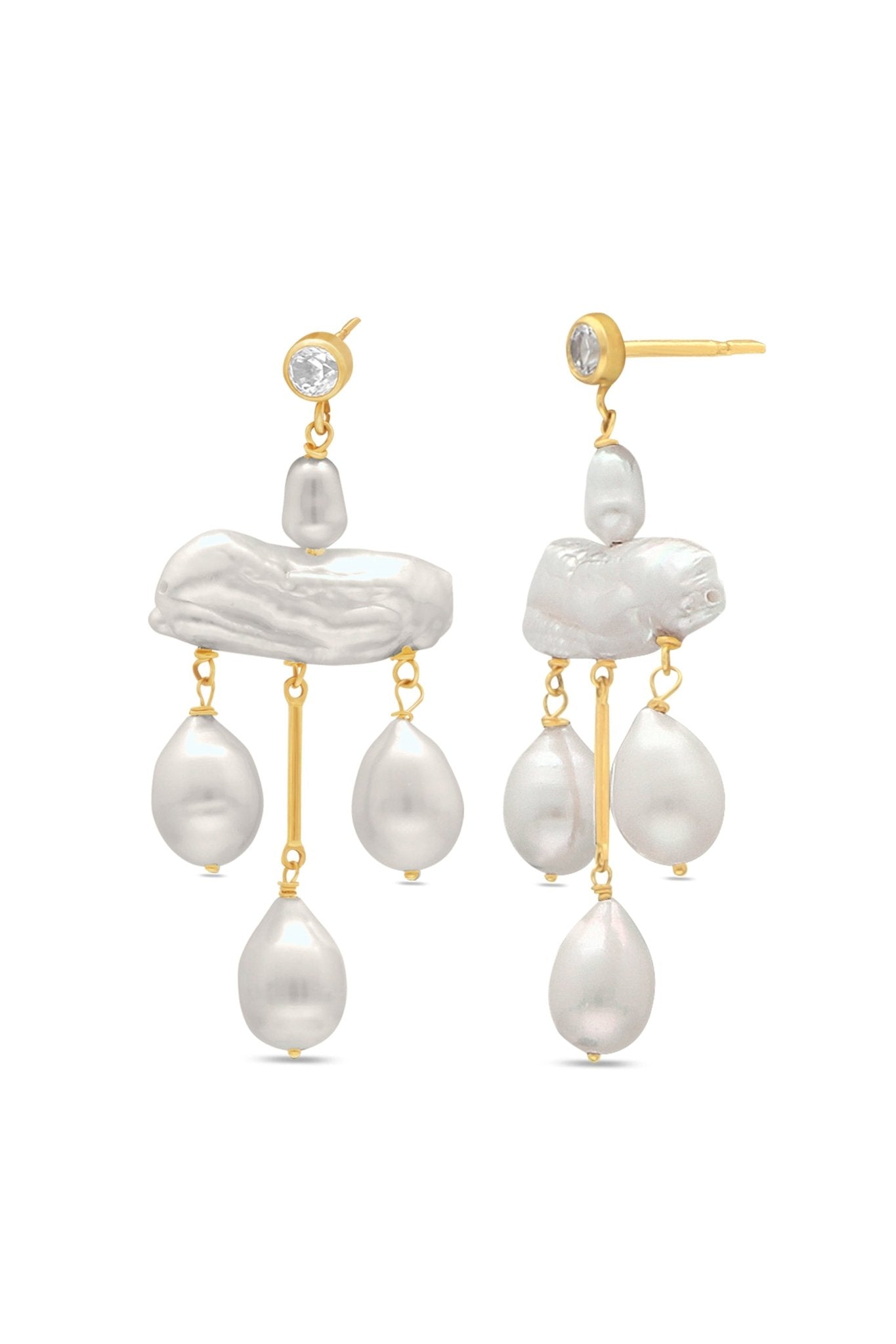 Gold-filled fresh water pearl chandelier earrings with cubic zirconia studs.