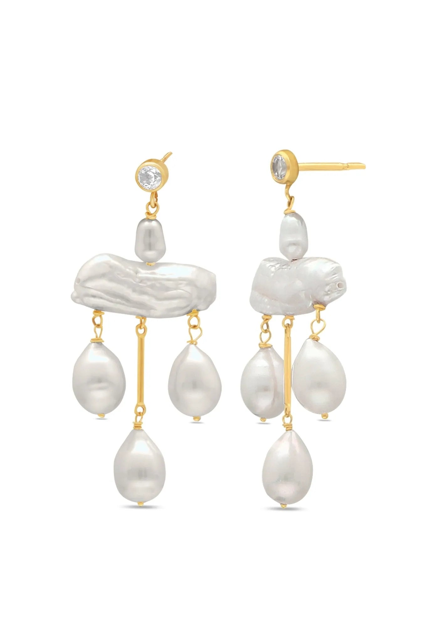 Gold-filled fresh water pearl chandelier earrings with cubic zirconia studs on a white background. Pearl bridal jewelry, statement bridal earrings, & handmade bridal earrings by Canadian BIPOC bridal designer