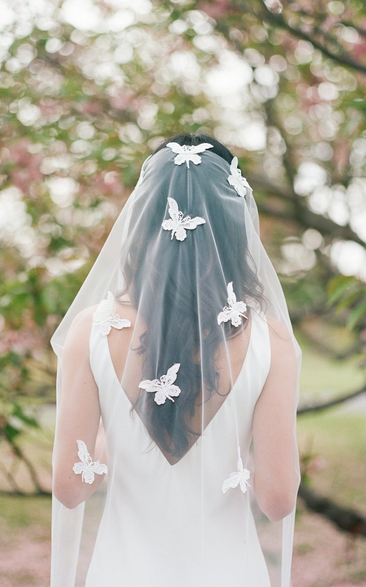 The back view of a Papillion Lace Butterfly Wedding Veil as it trails down a bride's back. 