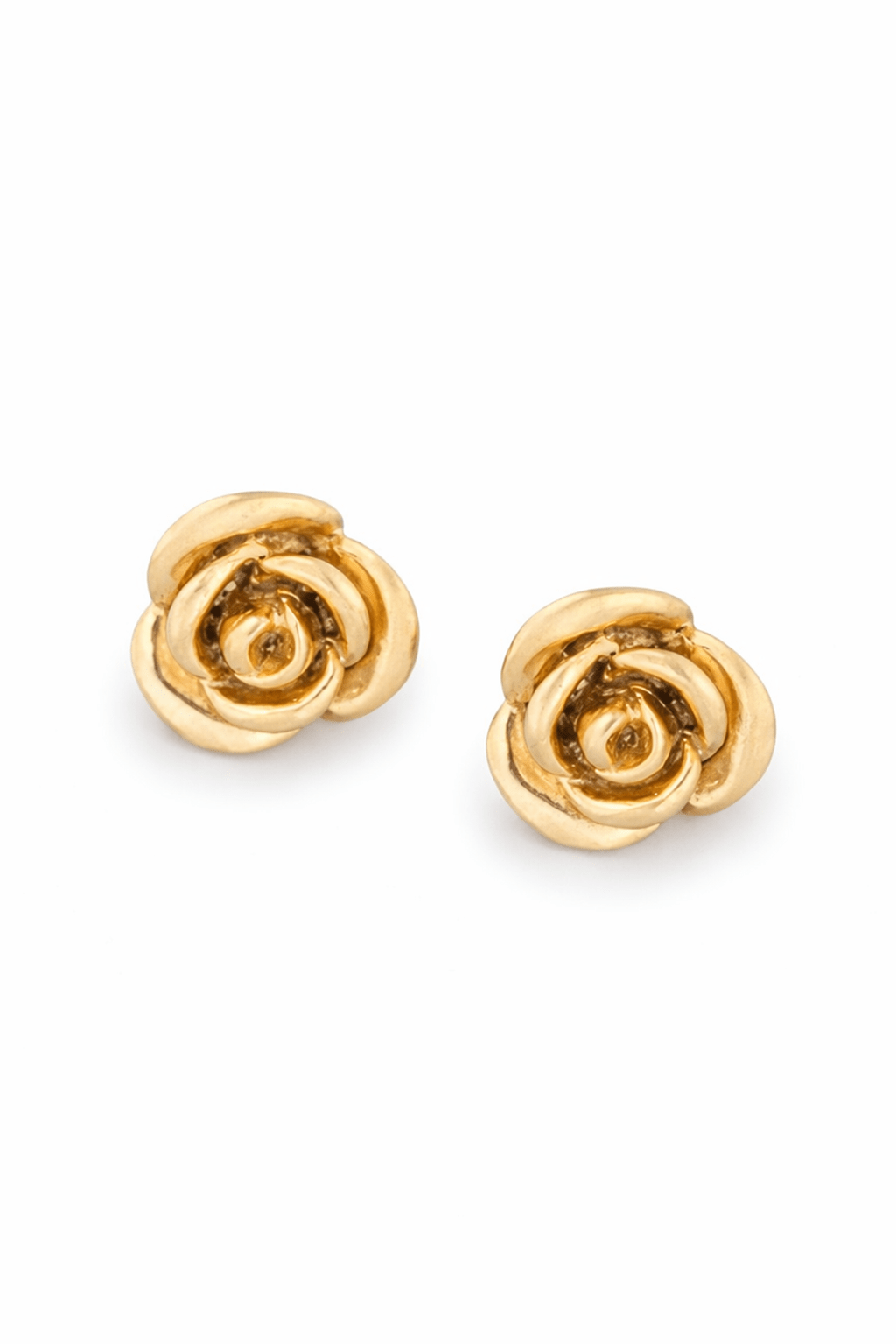 Pair of gold rose-shaped stud earrings on a white background. Minimalist jewelry, everyday jewelry, & handmade Canadian jewelry by BIPOC jewelry designer