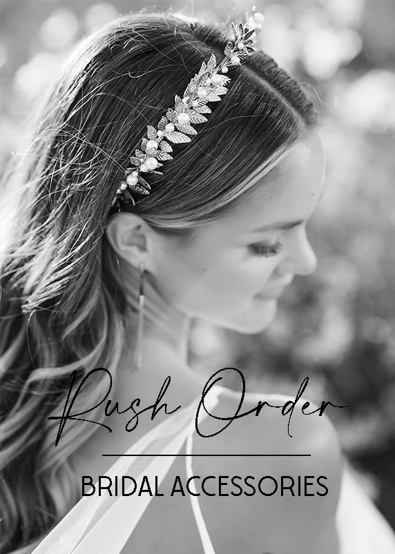 Rush Order Bridal Accessories with black and white photo of bride in bridal headband. 