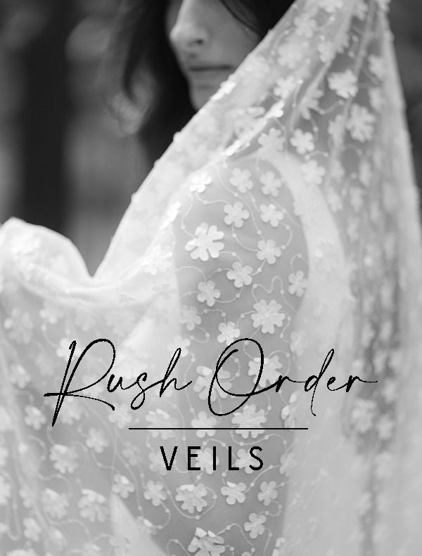 Rush Order Wedding Veils with black and white photo of bride with lacey flower bridal veil. 