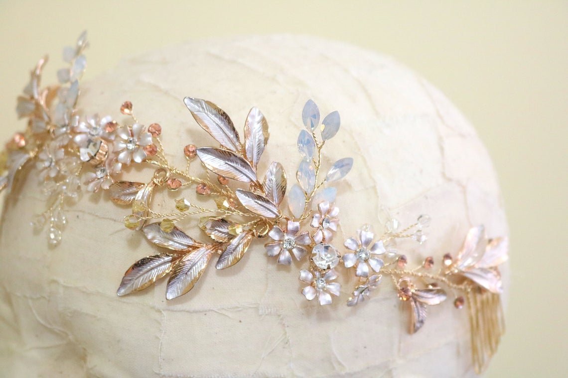 An extreme close up of right side of Summer Bloom bridal hairvine with crystals in gold on a head bust. Bridal Hair Accessories. Bridal Accessories. Canadian Bridal Accessories. Handmade Canadian Accessories. Canadian handmade Accessories. Canadian weddings. Wedding Canada. 