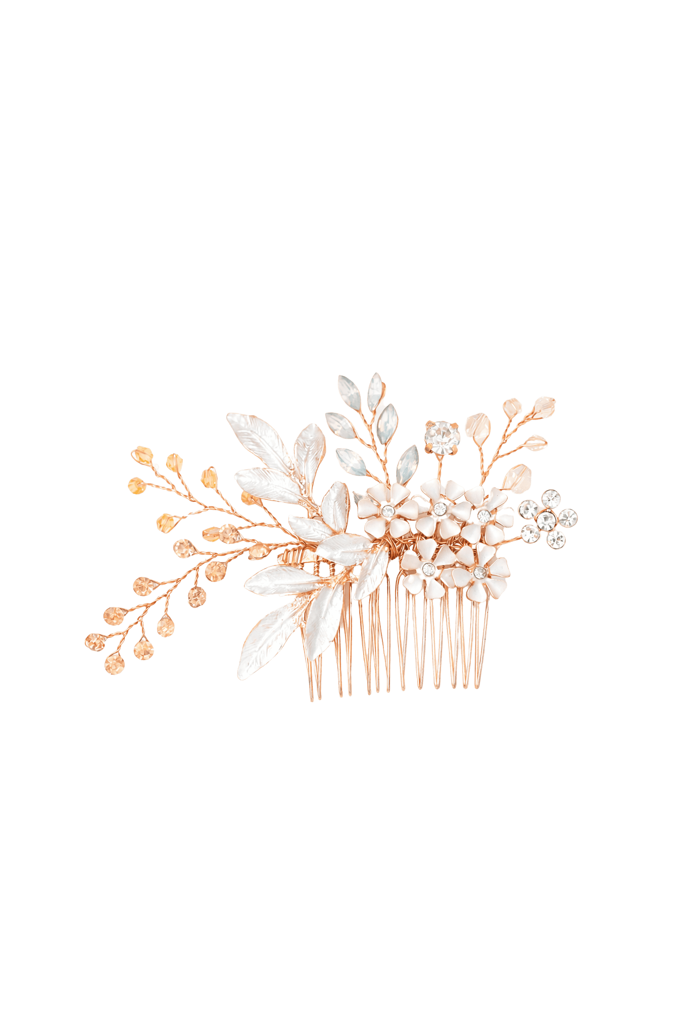 Decorative rose gold bridal hair comb with floral crystal elements and enamel flowers on a white background. Bridal hair accessories, handmade bridal accessories, & Canadian bridal accessories by BIPOC bridal designer