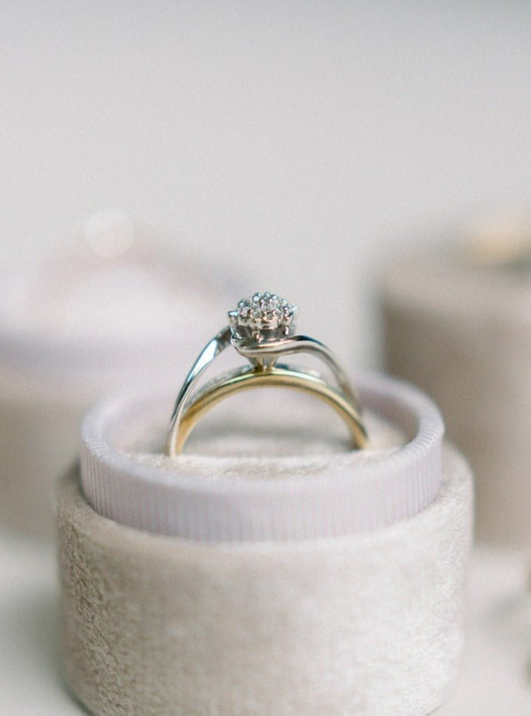 Close up side view of the Swan Diamond Vintage Engagement Ring in 10k Yellow & White Gold c.1940s.