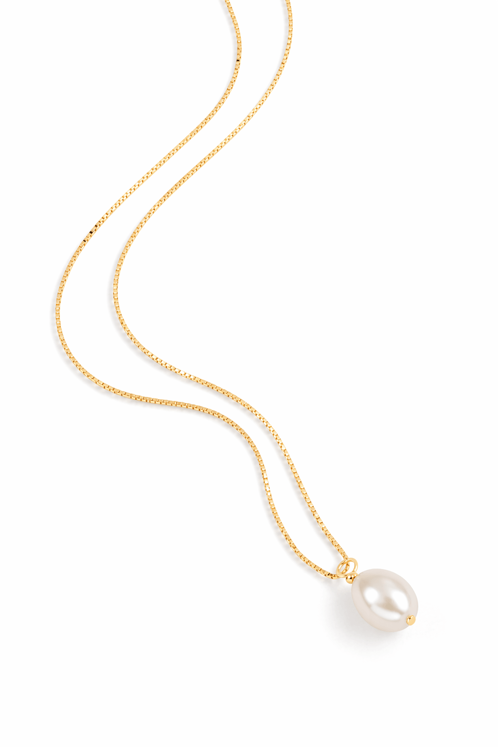 Dainty gold-filled box chain necklace with organic freshwater pearl on white background. Freshwater pearl necklace, everyday jewelry, & pearl jewelry Canada