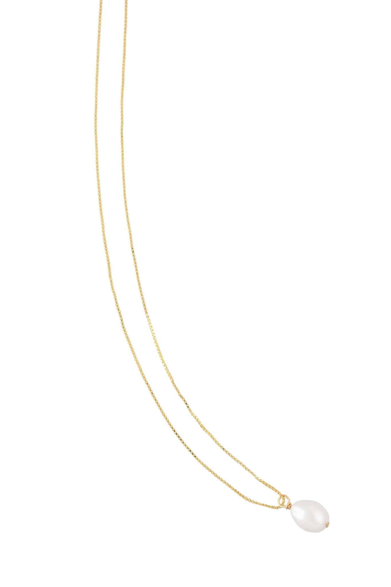 Dainty gold-filled box chain necklace with organic freshwater pearl on white background. Canadian pearl jewelry, everyday jewelry, & Gold-filled jewelry Canada