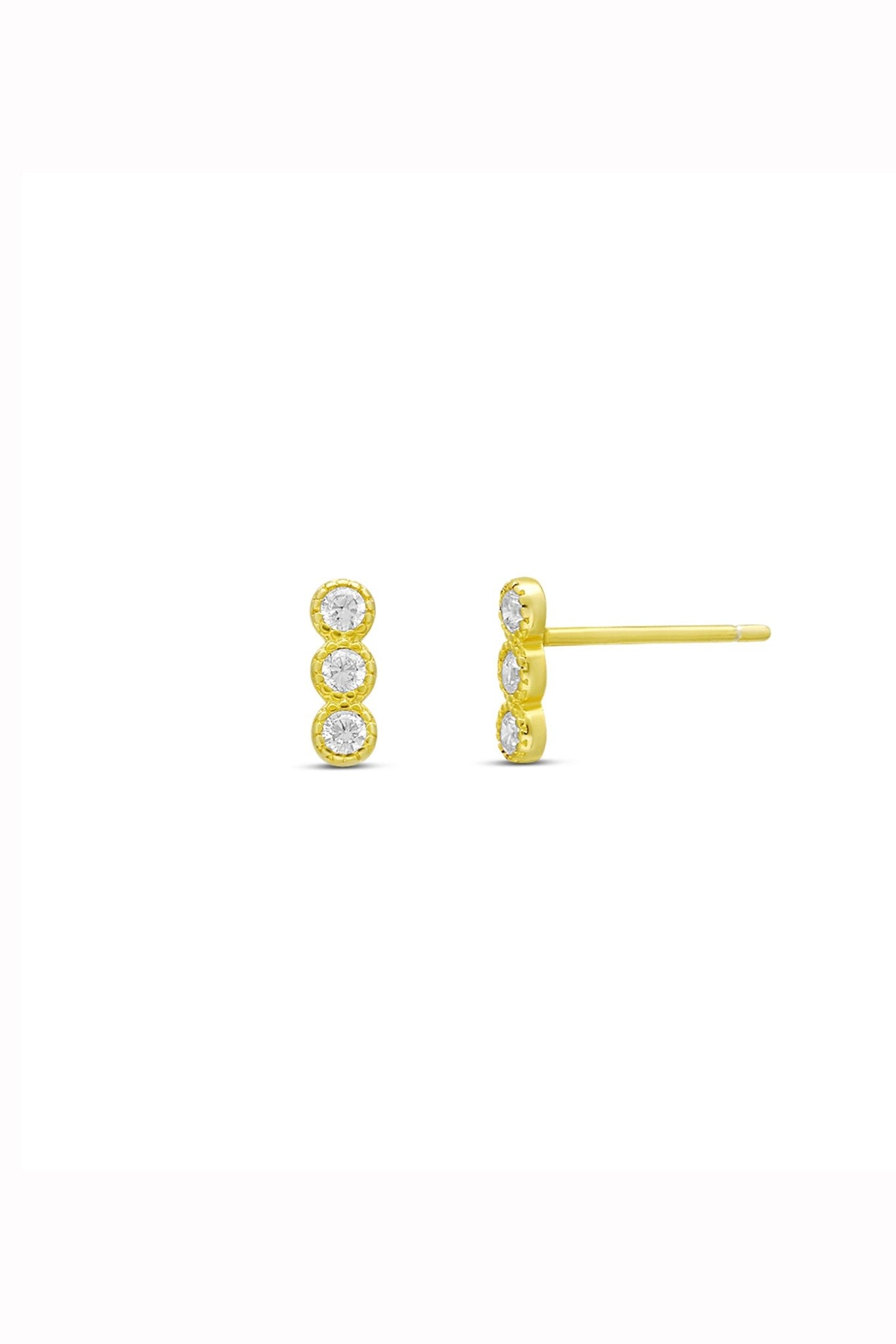 A pair of gold-filled stud earrings with 3 cubic zirconia crystals. Everyday jewelry. Woman-owned business. Canadian jewelry business.  Affordable jewelry.