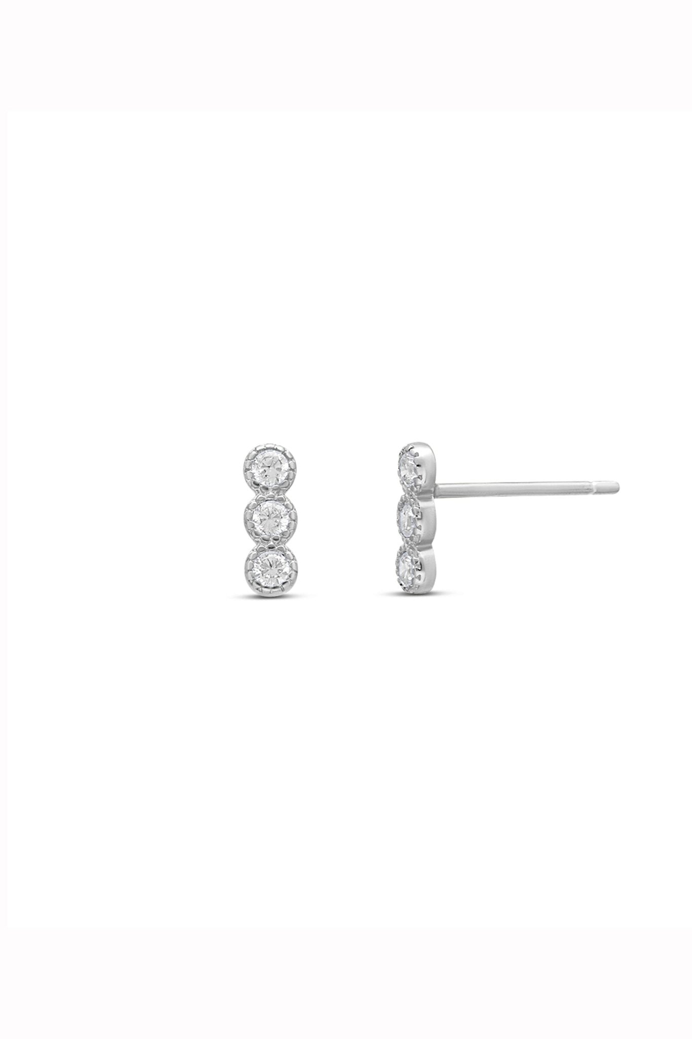 Pair of sterling silver earrings with 3 cubic zirconia crystals on a white background. Sterling Silver jewelry Canada. Everyday jewelry. Woman-owned Canadian jewelry brand.