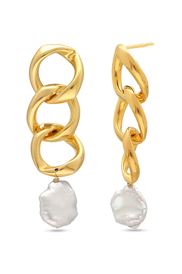 18k Gold-filled puffy chain link dangle earrings with freshwater pearls.