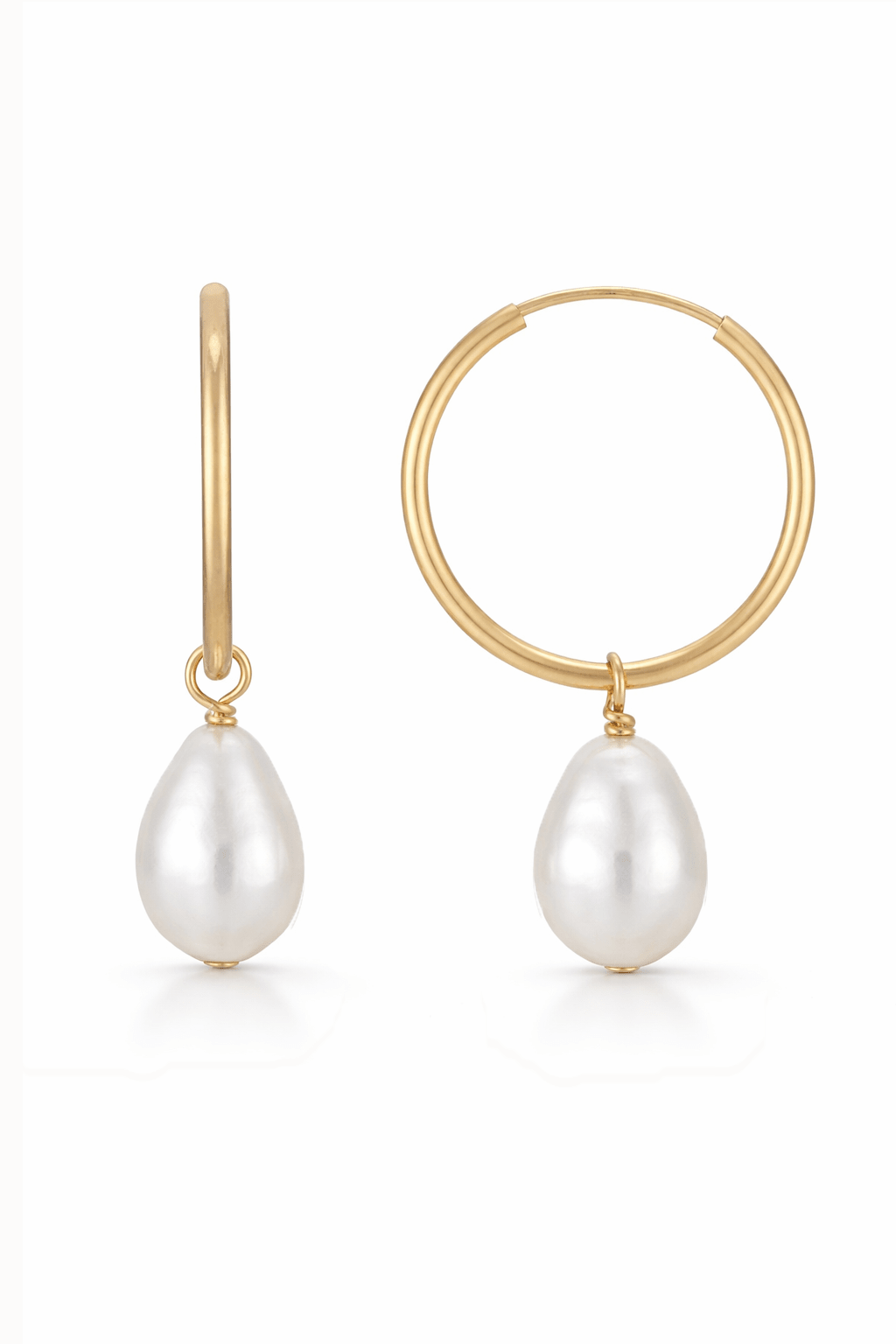 Gold filled hoop earrings with pearl drops on a white background, handmade in canada