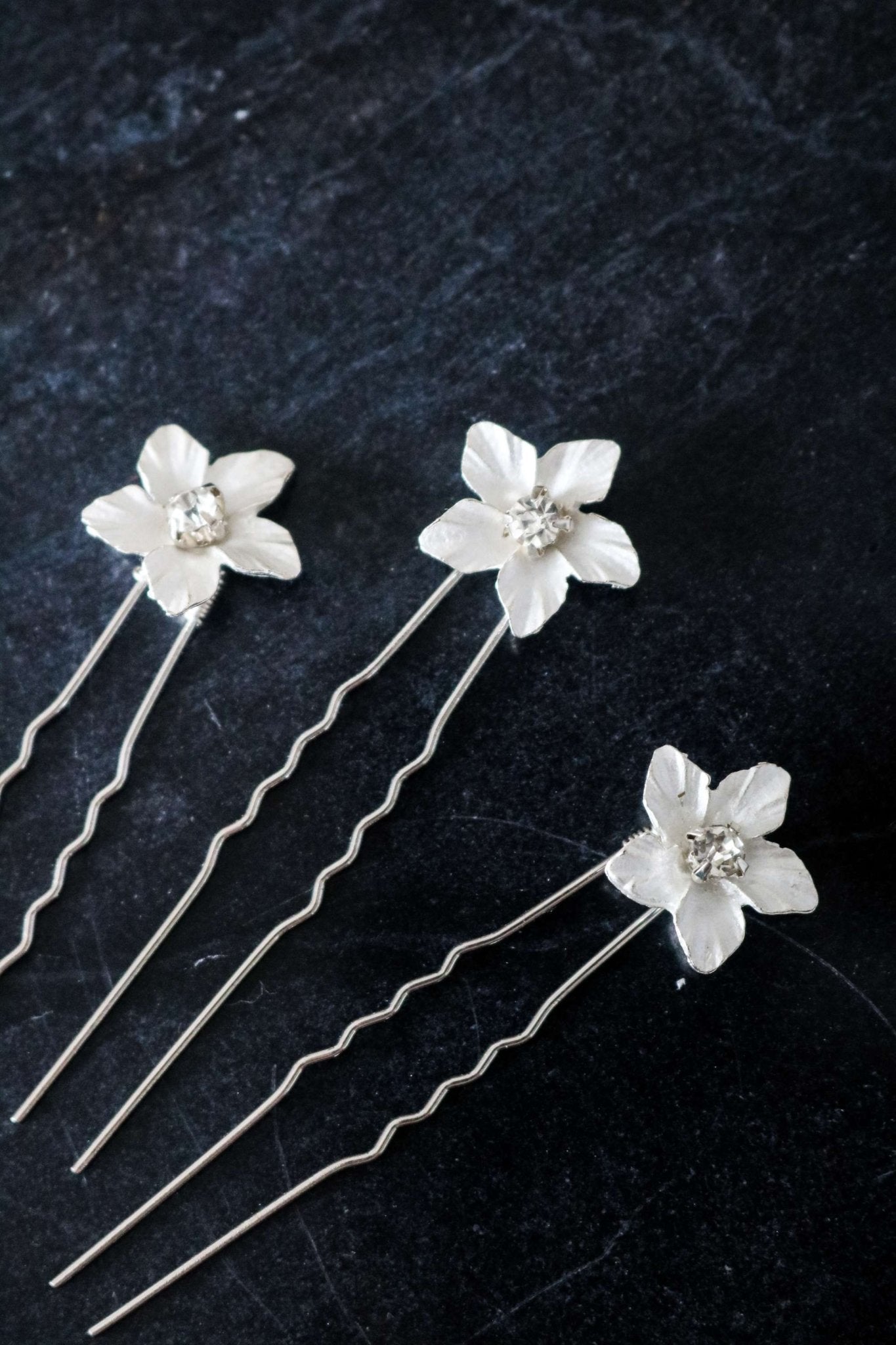 3 Silver Feya Crystal Flower Hairpins. Bridal jewelry Canada. Sterling Silver jewelry Canada. Canadian jewelry brands. Affordable Canadian jewelry brands. Handmade Canadian jewelry.