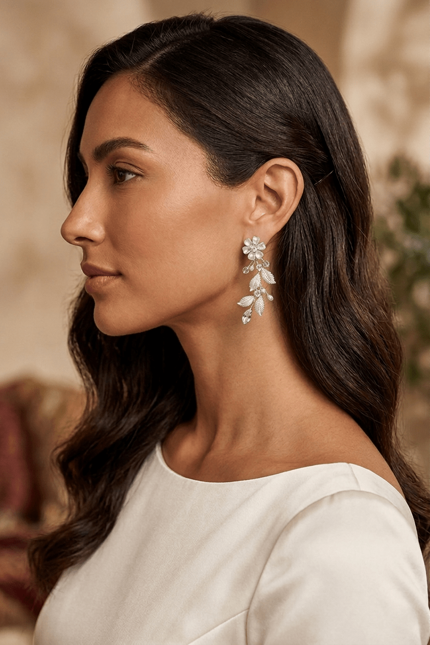 Floriana Flower and Leaf Bridal Earrings