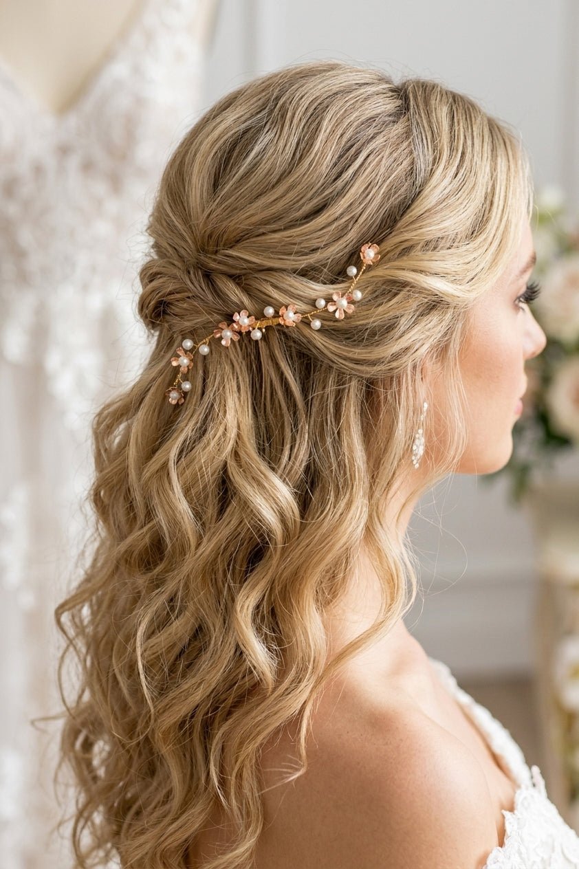 bride with styled hair featuring a hair accessory in a softly blurred indoor setting