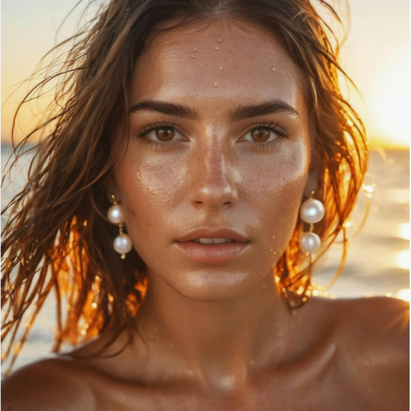 A sun-kissed modern goddess wearing gold-filled dangle earrings with large pearls.